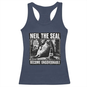 Punk Rock Neil the Seal Become Ungovernable Poster Style Racerback Tank Top Funny Viral Chaotic Elephant Seal Traffic Cone Meme TS02 Navy Print Your Wear