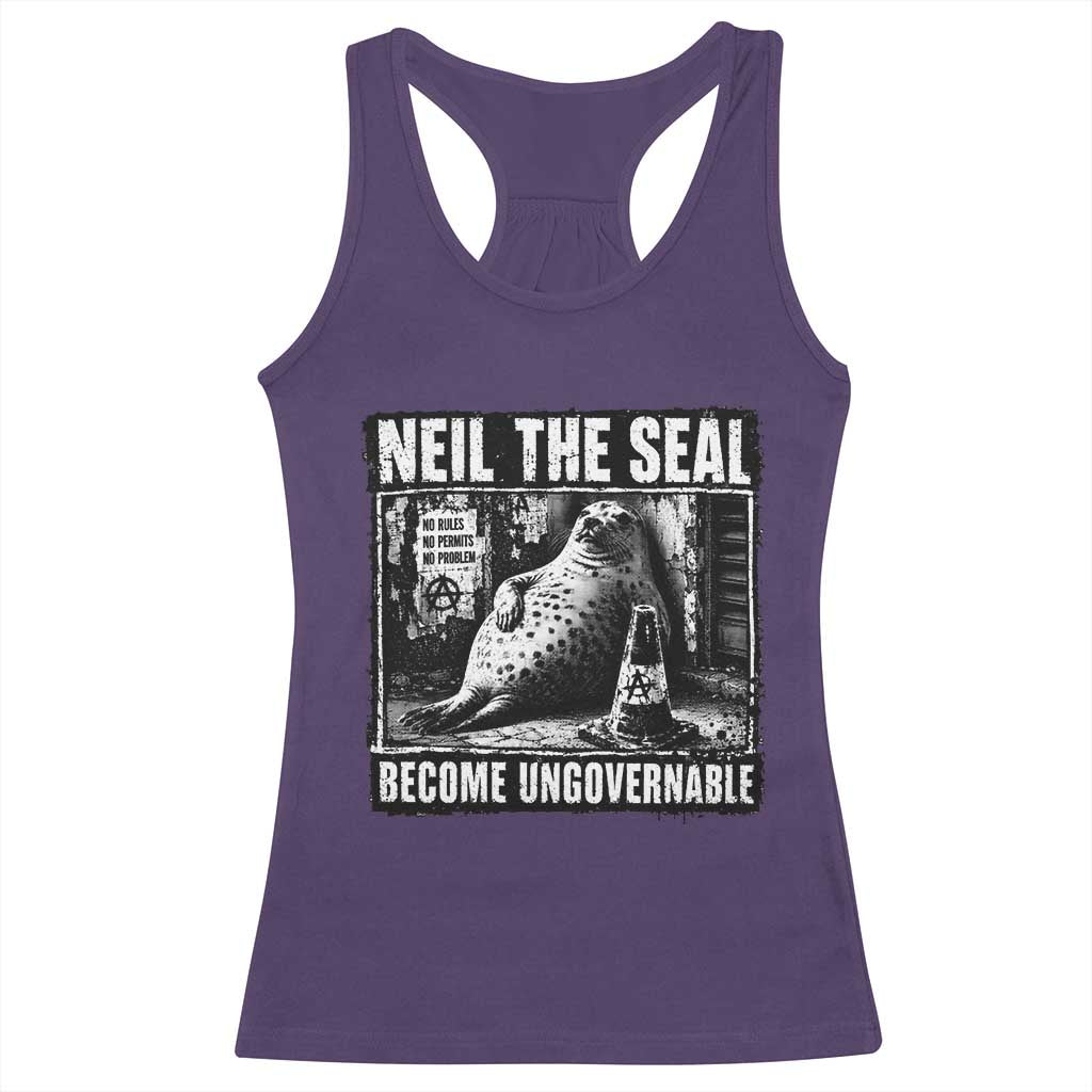 Punk Rock Neil the Seal Become Ungovernable Poster Style Racerback Tank Top Funny Viral Chaotic Elephant Seal Traffic Cone Meme TS02 Purple Print Your Wear