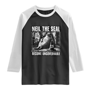 Punk Rock Neil the Seal Become Ungovernable Poster Style Raglan Shirt Funny Viral Chaotic Elephant Seal Traffic Cone Meme TS02 Black White Print Your Wear