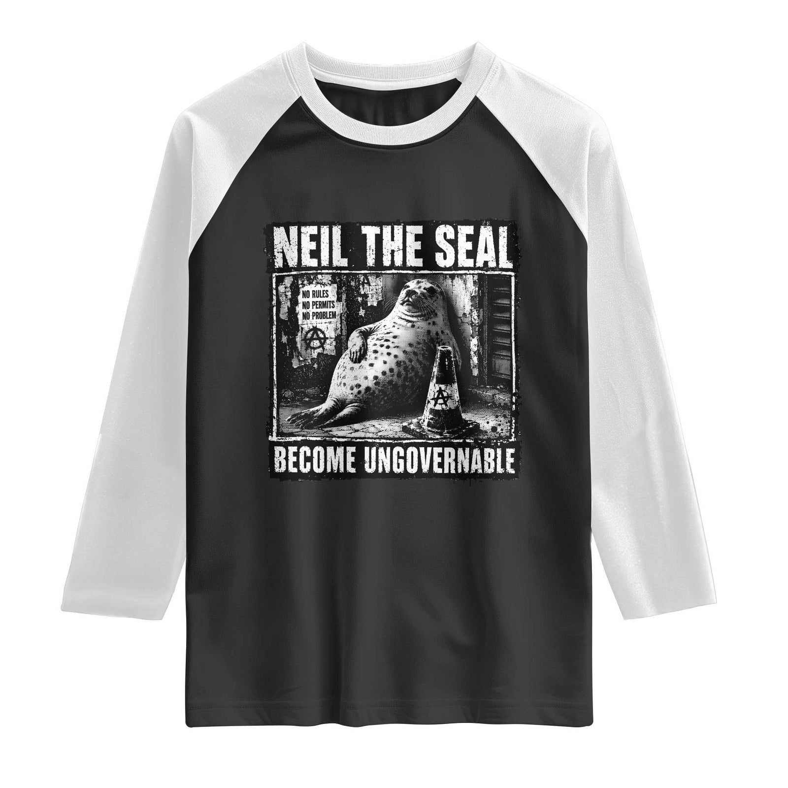 Punk Rock Neil the Seal Become Ungovernable Poster Style Raglan Shirt Funny Viral Chaotic Elephant Seal Traffic Cone Meme TS02 Black White Print Your Wear