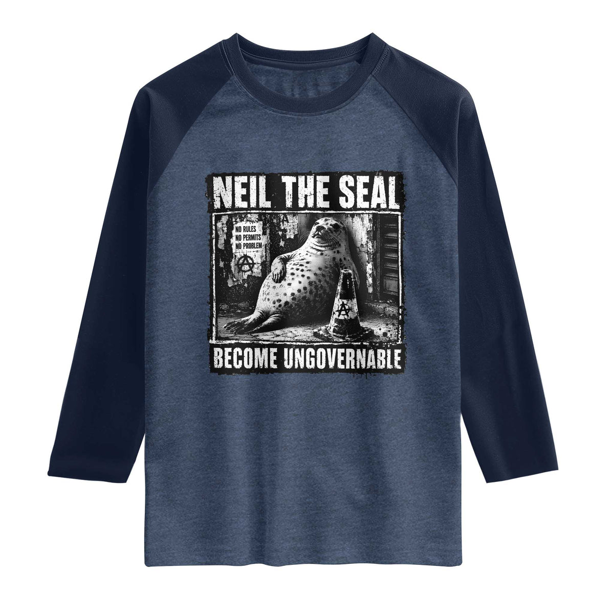 Punk Rock Neil the Seal Become Ungovernable Poster Style Raglan Shirt Funny Viral Chaotic Elephant Seal Traffic Cone Meme TS02 Heather Denim Navy Print Your Wear