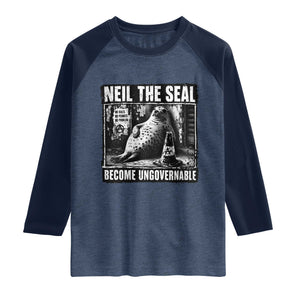 Punk Rock Neil the Seal Become Ungovernable Poster Style Raglan Shirt Funny Viral Chaotic Elephant Seal Traffic Cone Meme TS02 Heather Denim Navy Print Your Wear