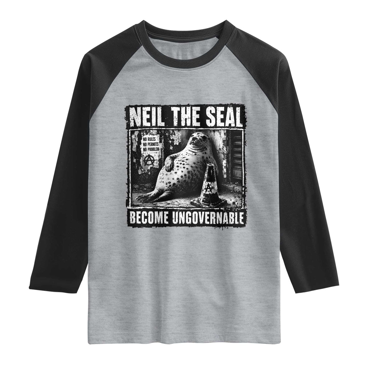 Punk Rock Neil the Seal Become Ungovernable Poster Style Raglan Shirt Funny Viral Chaotic Elephant Seal Traffic Cone Meme TS02 Heather Gray Black Print Your Wear