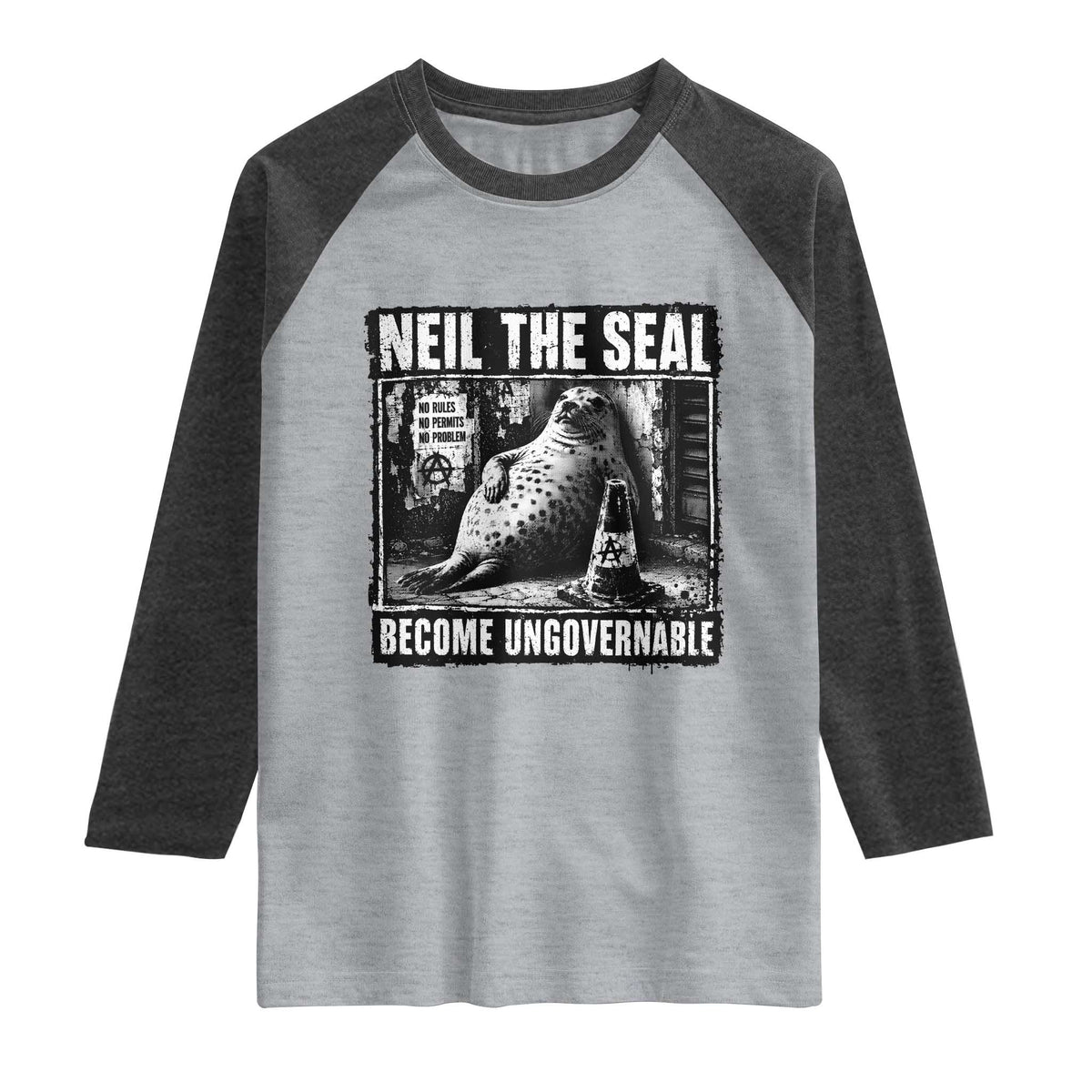 Punk Rock Neil the Seal Become Ungovernable Poster Style Raglan Shirt Funny Viral Chaotic Elephant Seal Traffic Cone Meme TS02 Heather Gray Heather Charcoal Print Your Wear