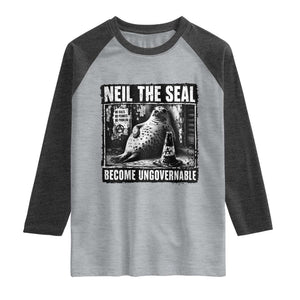 Punk Rock Neil the Seal Become Ungovernable Poster Style Raglan Shirt Funny Viral Chaotic Elephant Seal Traffic Cone Meme TS02 Heather Gray Heather Charcoal Print Your Wear
