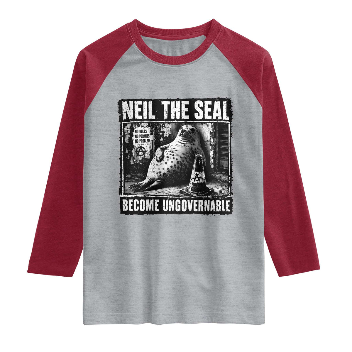 Punk Rock Neil the Seal Become Ungovernable Poster Style Raglan Shirt Funny Viral Chaotic Elephant Seal Traffic Cone Meme TS02 Heather Gray Heather Red Print Your Wear
