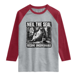 Punk Rock Neil the Seal Become Ungovernable Poster Style Raglan Shirt Funny Viral Chaotic Elephant Seal Traffic Cone Meme TS02 Heather Gray Heather Red Print Your Wear