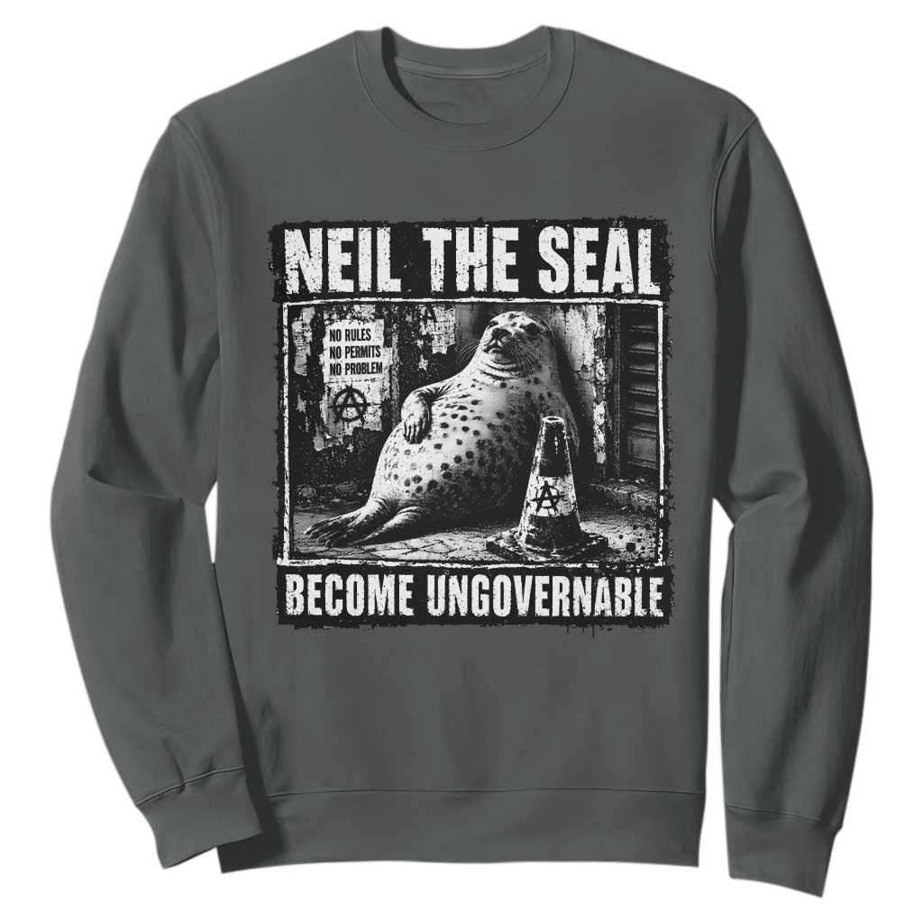 Punk Rock Neil the Seal Become Ungovernable Poster Style Sweatshirt Funny Viral Chaotic Elephant Seal Traffic Cone Meme TS02 Dark Heather Print Your Wear