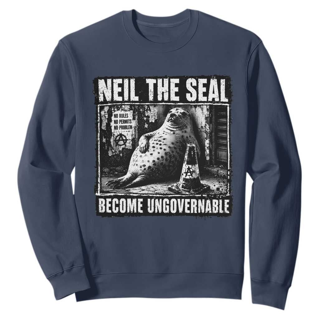 Punk Rock Neil the Seal Become Ungovernable Poster Style Sweatshirt Funny Viral Chaotic Elephant Seal Traffic Cone Meme TS02 Navy Print Your Wear