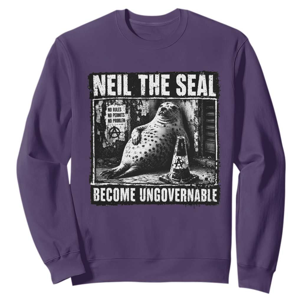Punk Rock Neil the Seal Become Ungovernable Poster Style Sweatshirt Funny Viral Chaotic Elephant Seal Traffic Cone Meme TS02 Purple Print Your Wear
