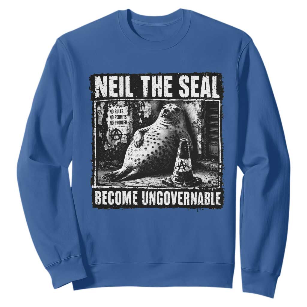 Punk Rock Neil the Seal Become Ungovernable Poster Style Sweatshirt Funny Viral Chaotic Elephant Seal Traffic Cone Meme TS02 Royal Blue Print Your Wear