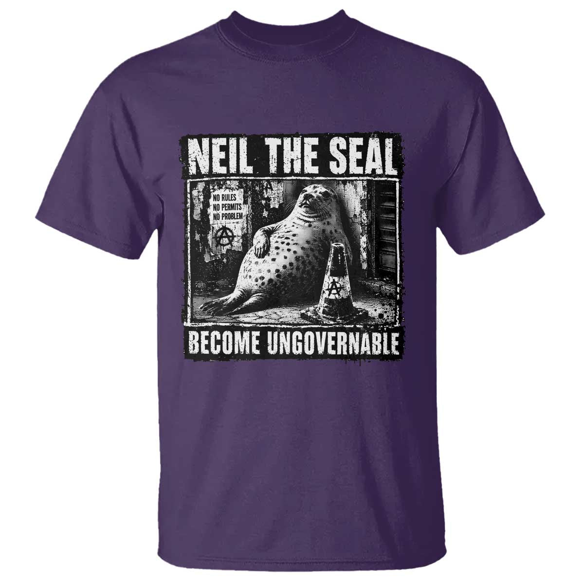 Punk Rock Neil the Seal Become Ungovernable Poster Style T Shirt Funny Viral Chaotic Elephant Seal Traffic Cone Meme TS02 Purple Print Your Wear
