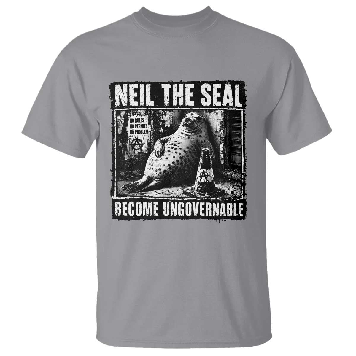 Punk Rock Neil the Seal Become Ungovernable Poster Style T Shirt Funny Viral Chaotic Elephant Seal Traffic Cone Meme TS02 Sport Gray Print Your Wear