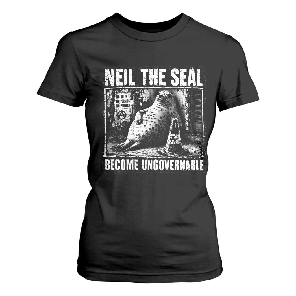 Punk Rock Neil the Seal Become Ungovernable Poster Style T Shirt For Women Funny Viral Chaotic Elephant Seal Traffic Cone Meme TS02 Black Print Your Wear