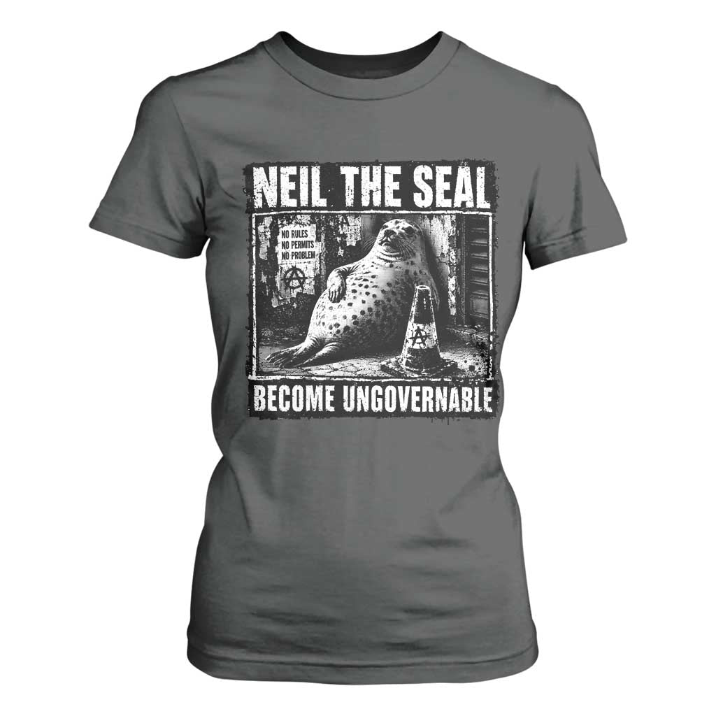 Punk Rock Neil the Seal Become Ungovernable Poster Style T Shirt For Women Funny Viral Chaotic Elephant Seal Traffic Cone Meme TS02 Dark Heather Print Your Wear