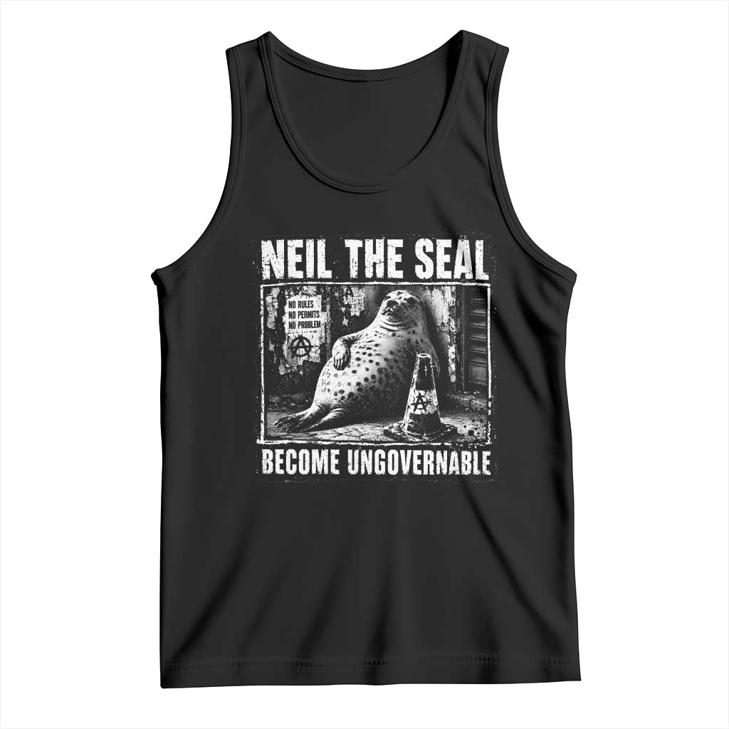 Punk Rock Neil the Seal Become Ungovernable Poster Style Tank Top Funny Viral Chaotic Elephant Seal Traffic Cone Meme TS02 Black Print Your Wear