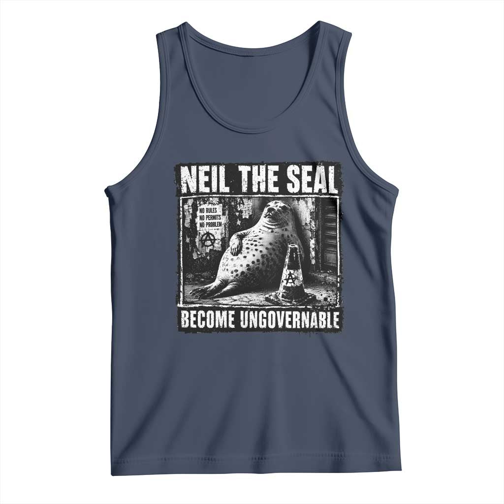 Punk Rock Neil the Seal Become Ungovernable Poster Style Tank Top Funny Viral Chaotic Elephant Seal Traffic Cone Meme TS02 Navy Print Your Wear