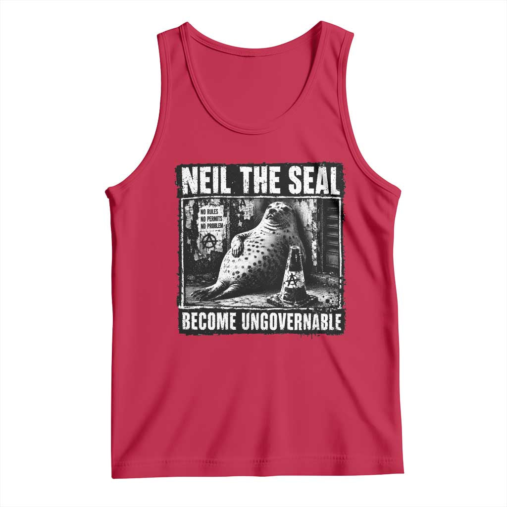Punk Rock Neil the Seal Become Ungovernable Poster Style Tank Top Funny Viral Chaotic Elephant Seal Traffic Cone Meme TS02 Red Print Your Wear