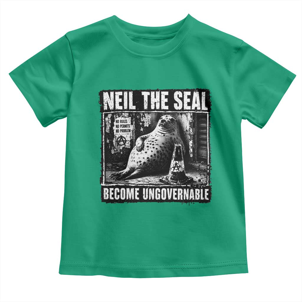 Punk Rock Neil the Seal Become Ungovernable Poster Style Toddler T Shirt Funny Viral Chaotic Elephant Seal Traffic Cone Meme TS02 Irish Green Print Your Wear