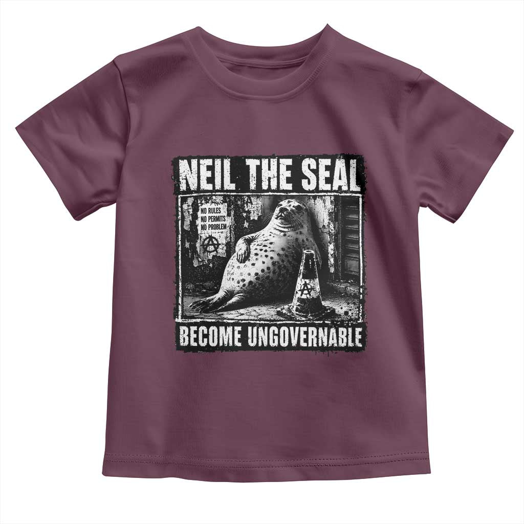 Punk Rock Neil the Seal Become Ungovernable Poster Style Toddler T Shirt Funny Viral Chaotic Elephant Seal Traffic Cone Meme TS02 Maroon Print Your Wear
