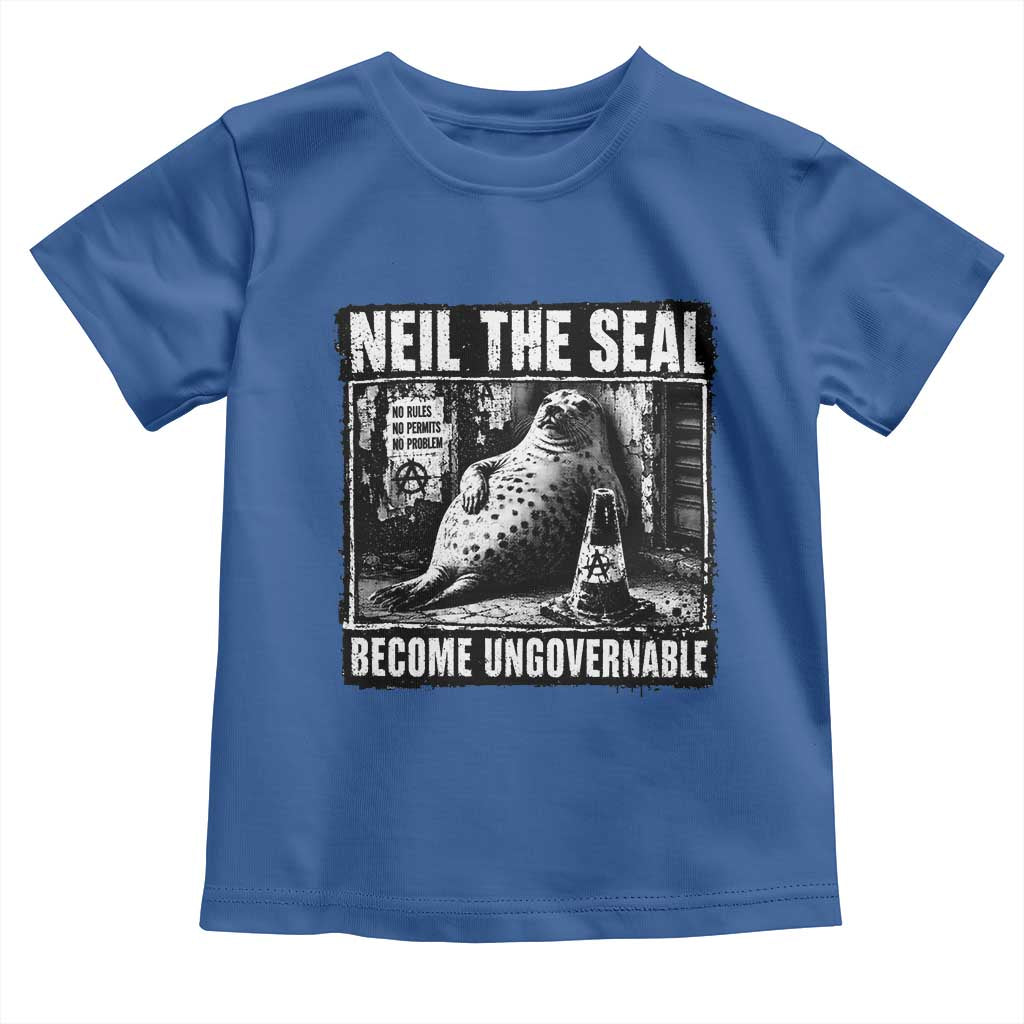 Punk Rock Neil the Seal Become Ungovernable Poster Style Toddler T Shirt Funny Viral Chaotic Elephant Seal Traffic Cone Meme TS02 Royal Blue Print Your Wear