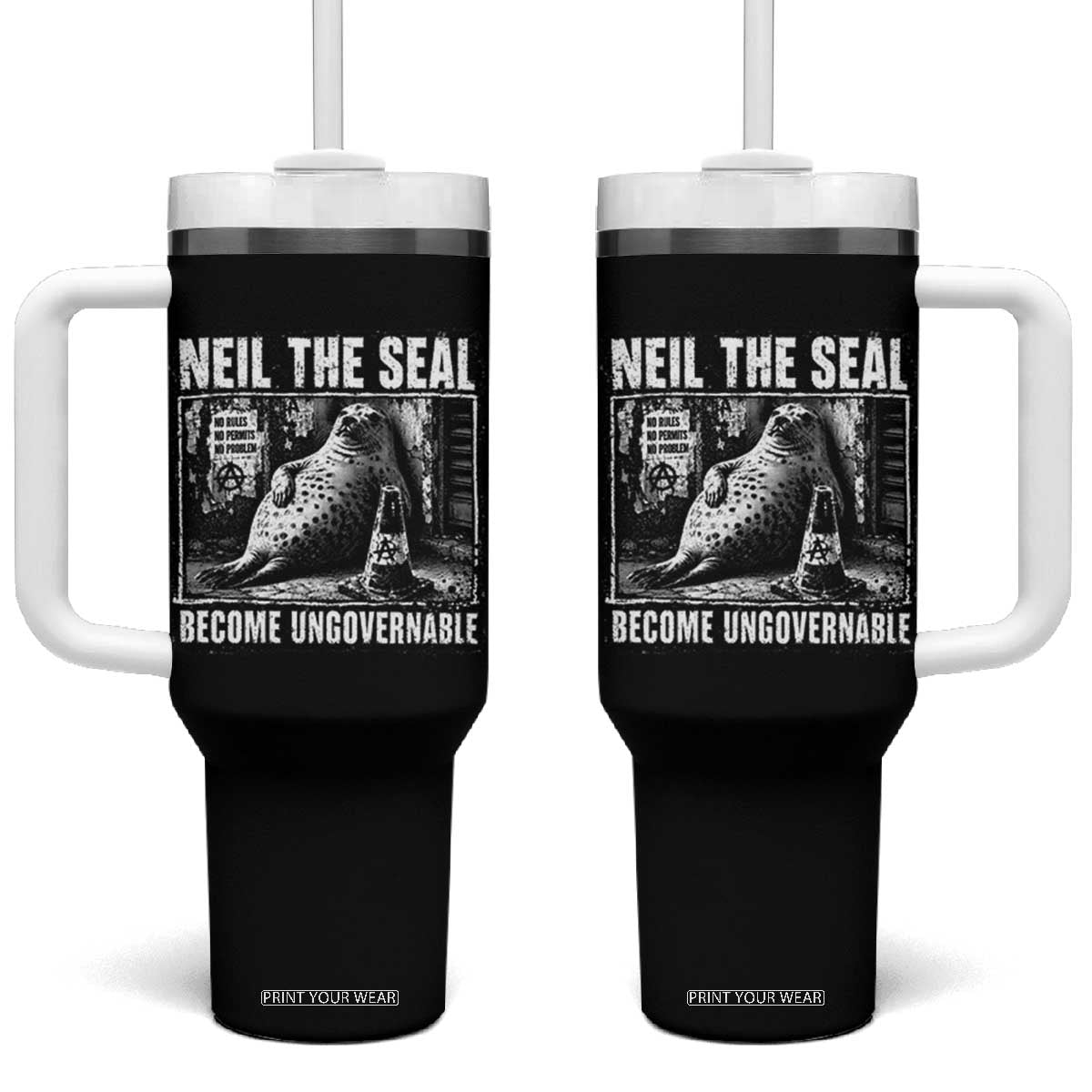 Punk Rock Neil the Seal Become Ungovernable Poster Style Tumbler With Handle Funny Viral Chaotic Elephant Seal Traffic Cone Meme TS02 One Size: 40 oz Black Print Your Wear