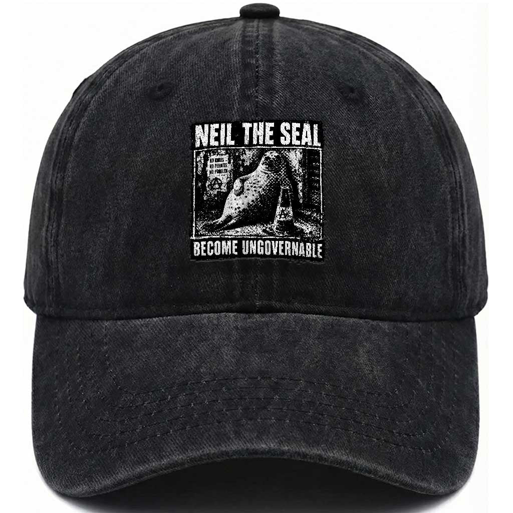 Punk Rock Neil the Seal Become Ungovernable Poster Style Washed Cotton Baseball Cap Funny Viral Chaotic Elephant Seal Traffic Cone Meme TS02 Print Your Wear