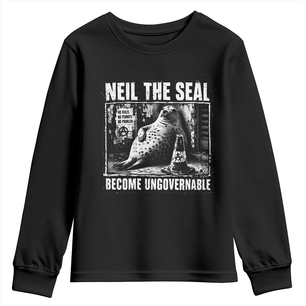 Punk Rock Neil the Seal Become Ungovernable Poster Style Youth Sweatshirt Funny Viral Chaotic Elephant Seal Traffic Cone Meme TS02 Black Print Your Wear