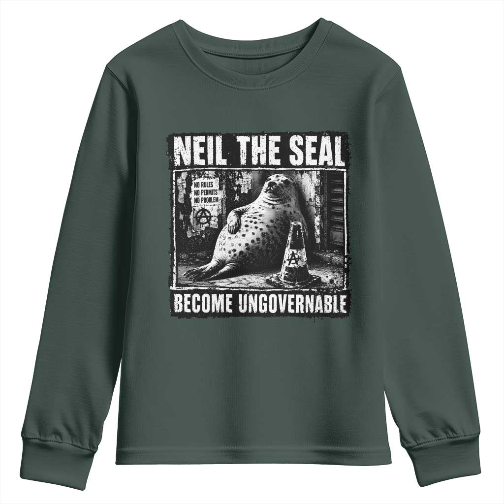 Punk Rock Neil the Seal Become Ungovernable Poster Style Youth Sweatshirt Funny Viral Chaotic Elephant Seal Traffic Cone Meme TS02 Dark Forest Green Print Your Wear