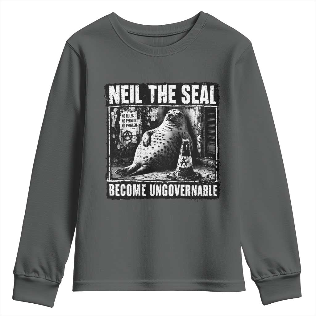 Punk Rock Neil the Seal Become Ungovernable Poster Style Youth Sweatshirt Funny Viral Chaotic Elephant Seal Traffic Cone Meme TS02 Dark Heather Print Your Wear