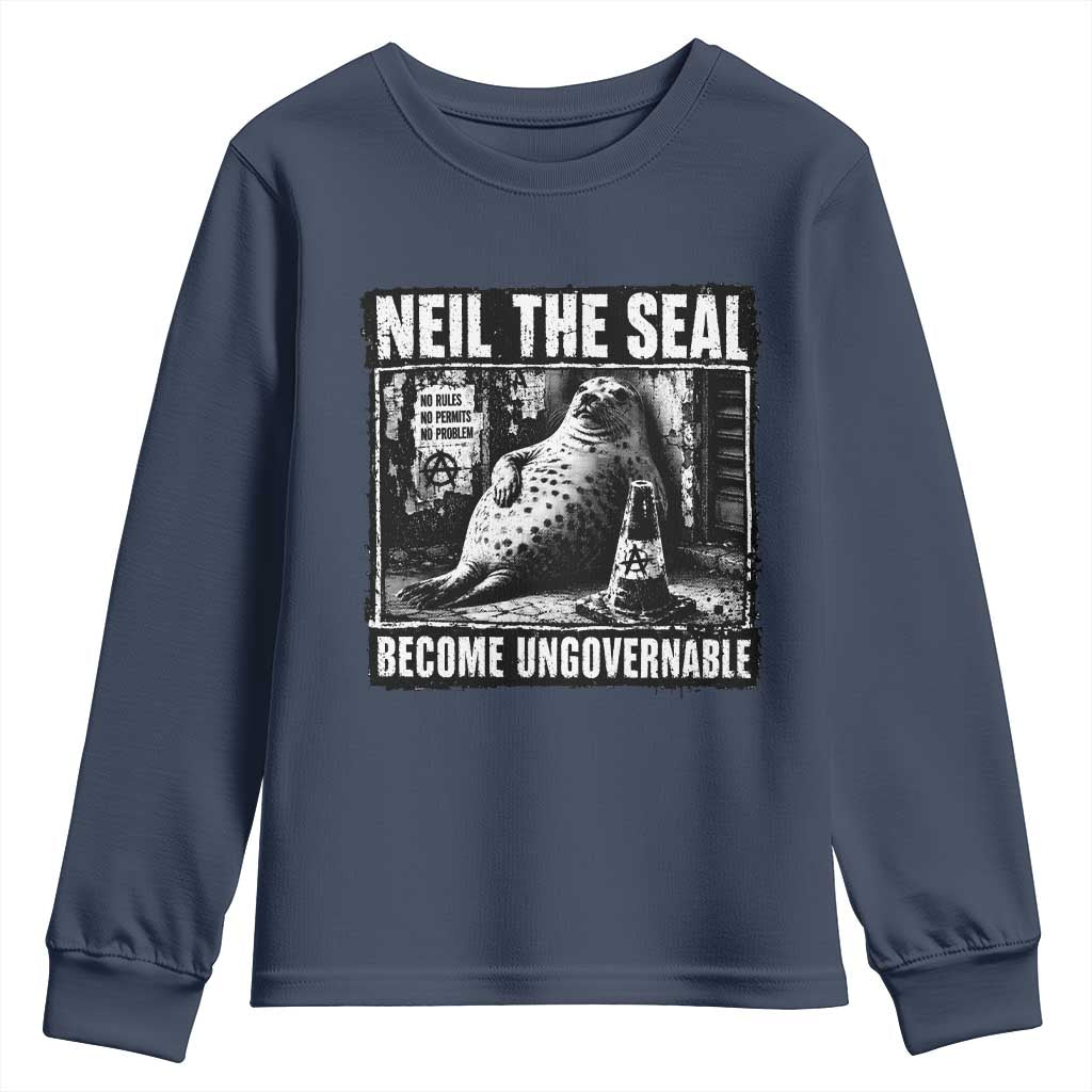 Punk Rock Neil the Seal Become Ungovernable Poster Style Youth Sweatshirt Funny Viral Chaotic Elephant Seal Traffic Cone Meme TS02 Navy Print Your Wear