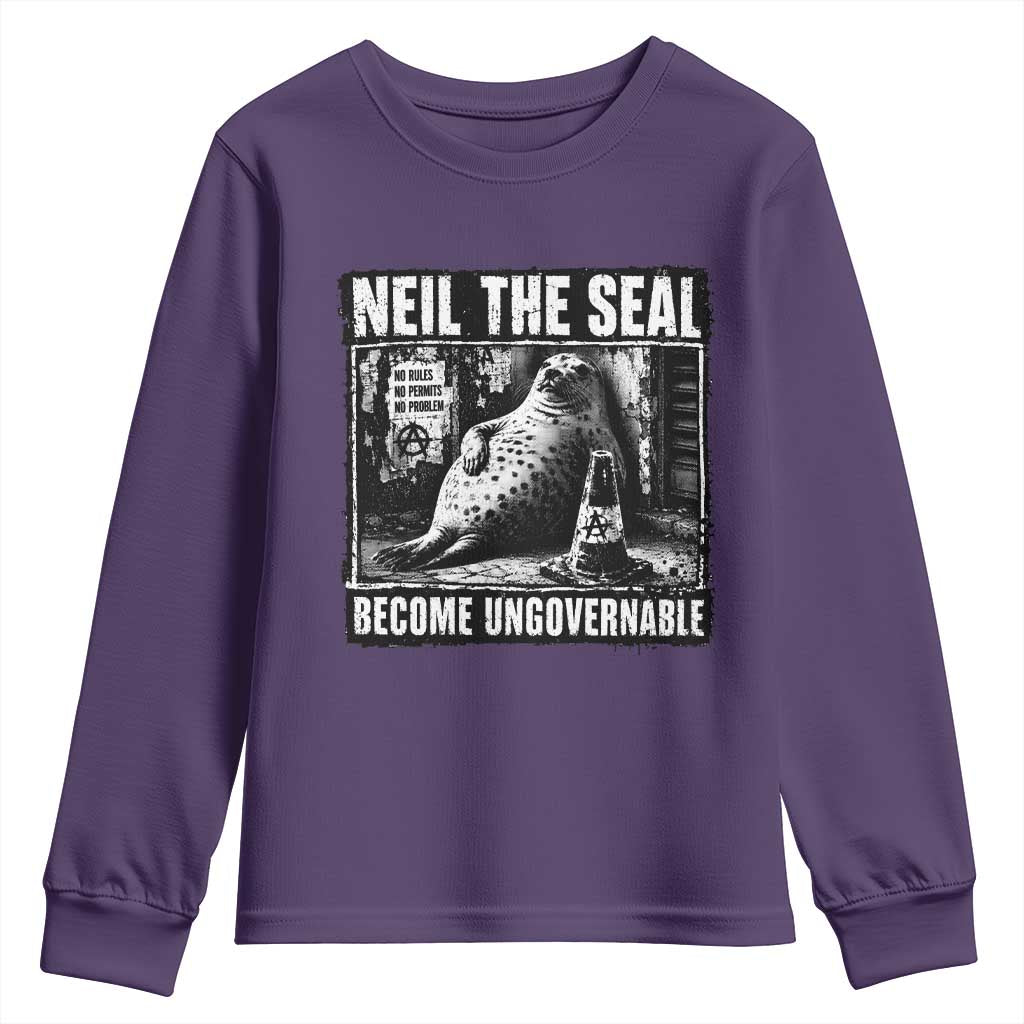 Punk Rock Neil the Seal Become Ungovernable Poster Style Youth Sweatshirt Funny Viral Chaotic Elephant Seal Traffic Cone Meme TS02 Purple Print Your Wear