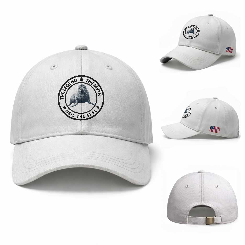 The Legend The Myth Neil The Seal Emblem Graphic Baseball Cap Funny Viral Southern Elephant Seal Meme TS02 Baseball Cap Universal Fit White Print Your Wear