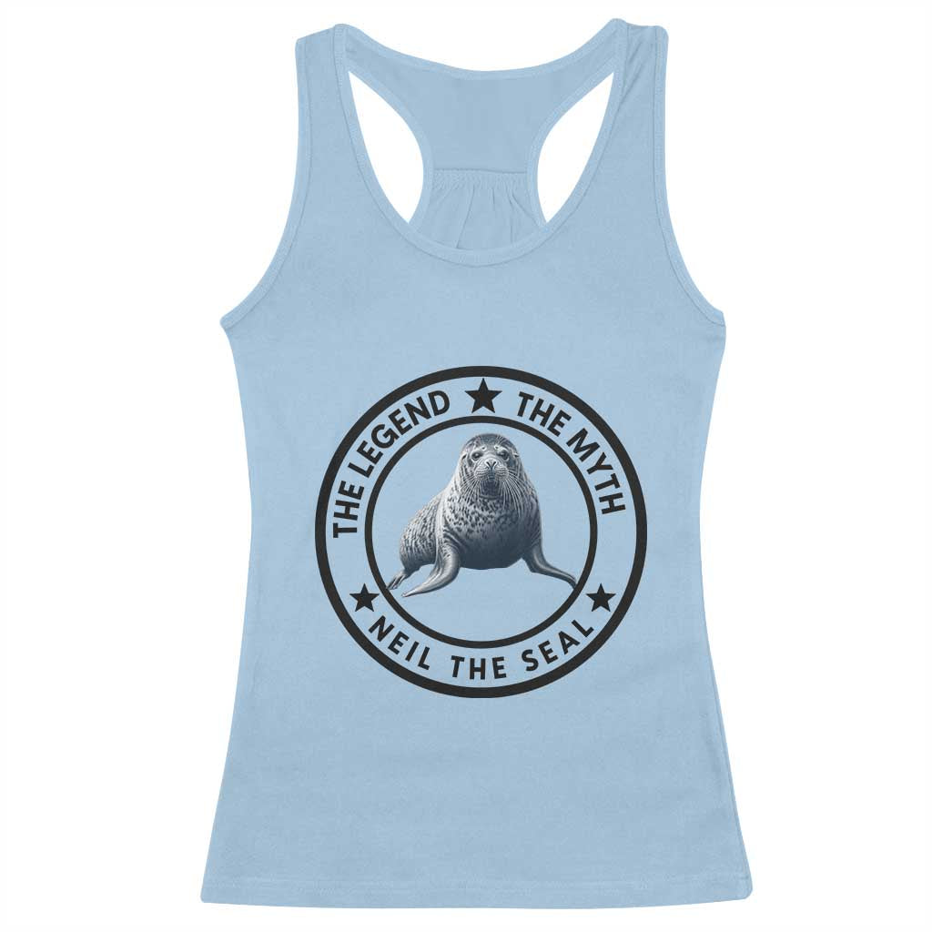 The Legend The Myth Neil The Seal Emblem Graphic Racerback Tank Top Funny Viral Southern Elephant Seal Meme TS02 Light Blue Print Your Wear