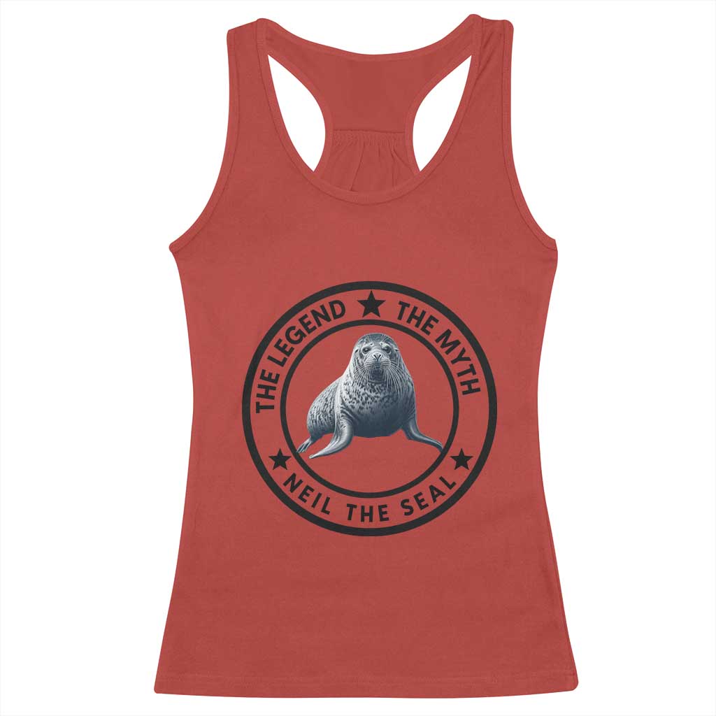 The Legend The Myth Neil The Seal Emblem Graphic Racerback Tank Top Funny Viral Southern Elephant Seal Meme TS02 Red Print Your Wear