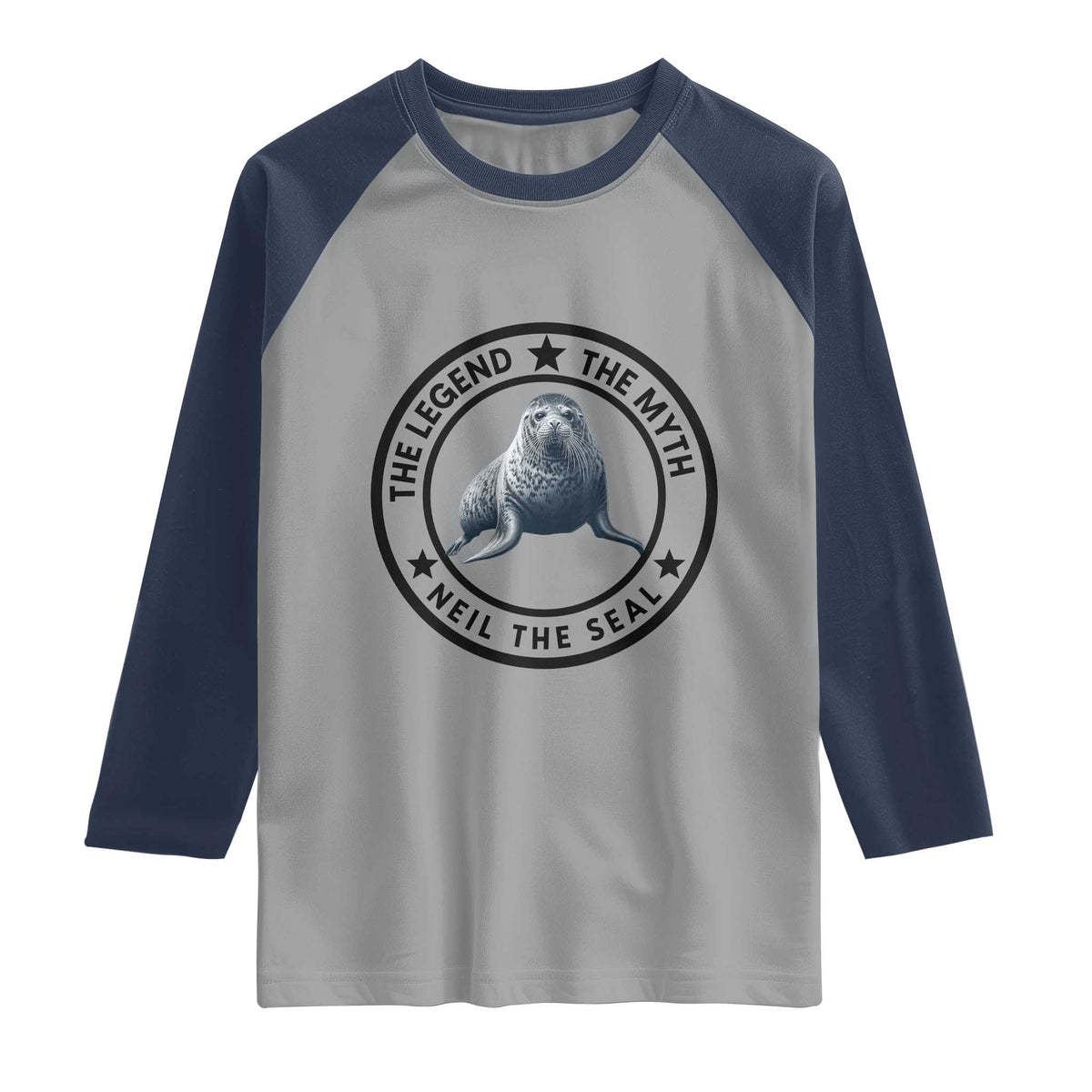The Legend The Myth Neil The Seal Emblem Graphic Raglan Shirt Funny Viral Southern Elephant Seal Meme TS02 Sport Gray Navy Print Your Wear