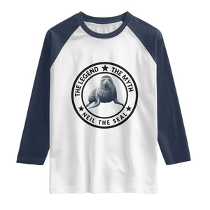 The Legend The Myth Neil The Seal Emblem Graphic Raglan Shirt Funny Viral Southern Elephant Seal Meme TS02 White Navy Print Your Wear