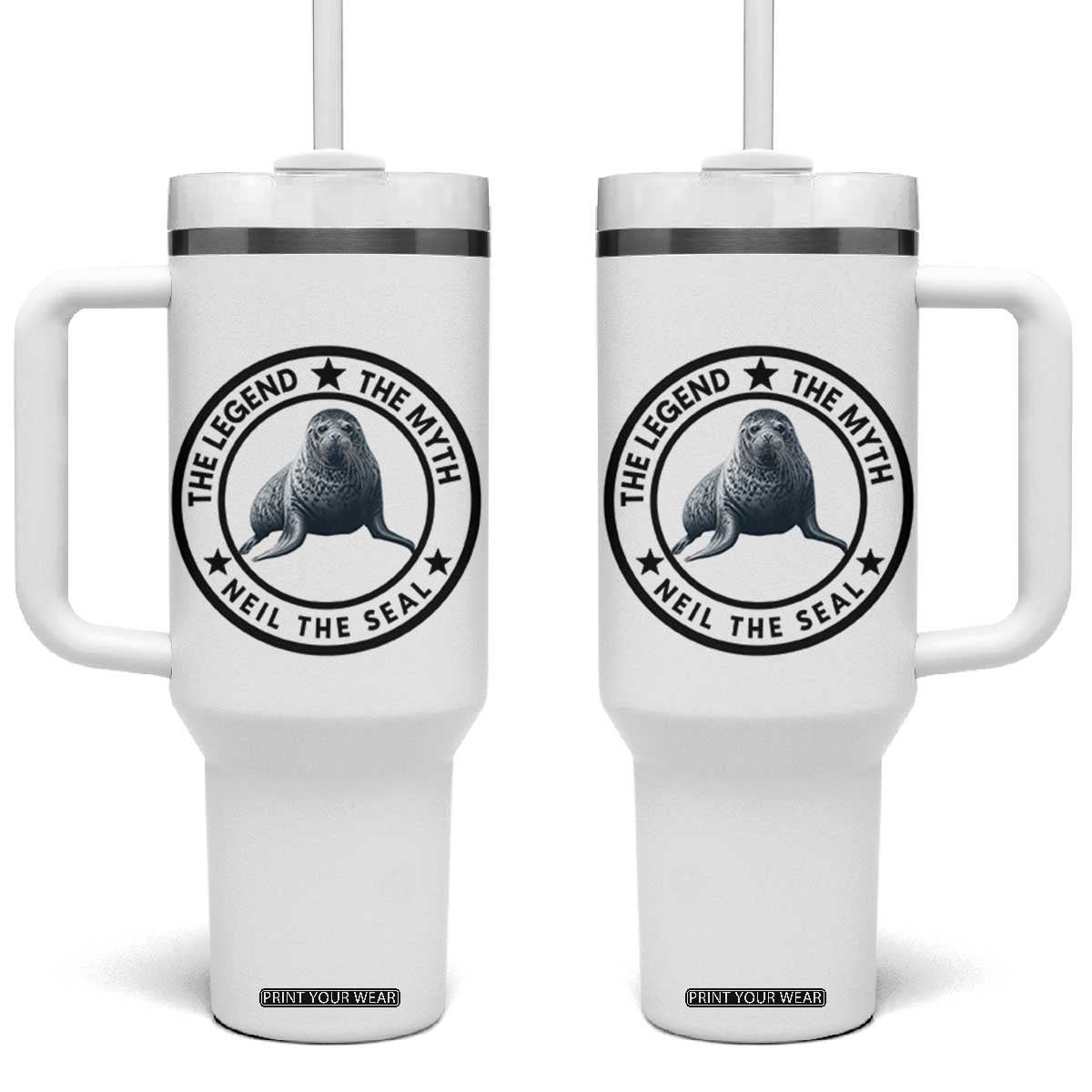 The Legend The Myth Neil The Seal Emblem Graphic Tumbler With Handle Funny Viral Southern Elephant Seal Meme TS02 One Size: 40 oz White Print Your Wear