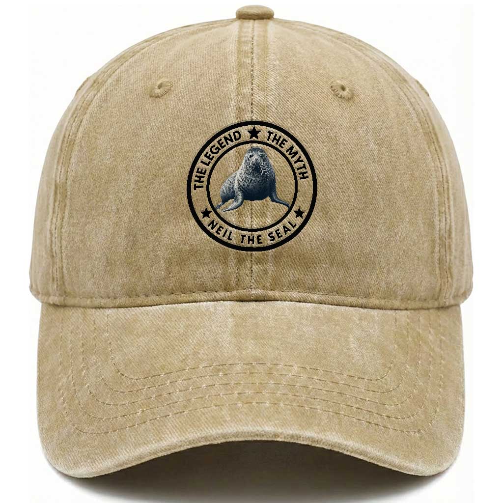 The Legend The Myth Neil The Seal Emblem Graphic Washed Cotton Baseball Cap Funny Viral Southern Elephant Seal Meme TS02 Print Your Wear
