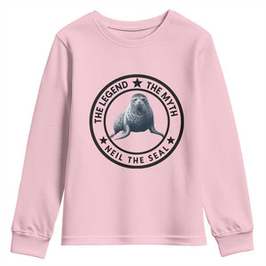 The Legend The Myth Neil The Seal Emblem Graphic Youth Sweatshirt Funny Viral Southern Elephant Seal Meme TS02 Light Pink Print Your Wear