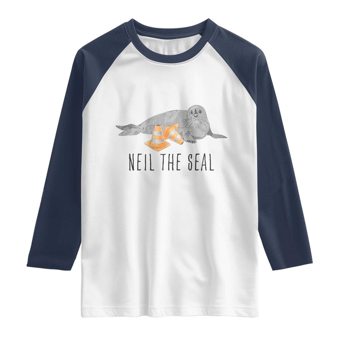 Cute Neil the Seal Traffic Cone Meme Raglan Shirt Funny Viral Chaotic Southern Elephant Seal TS02 White Navy Print Your Wear