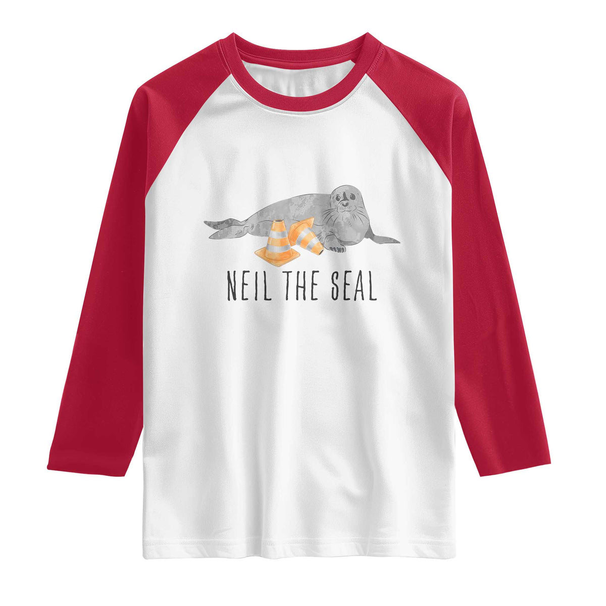 Cute Neil the Seal Traffic Cone Meme Raglan Shirt Funny Viral Chaotic Southern Elephant Seal TS02 White Red Print Your Wear