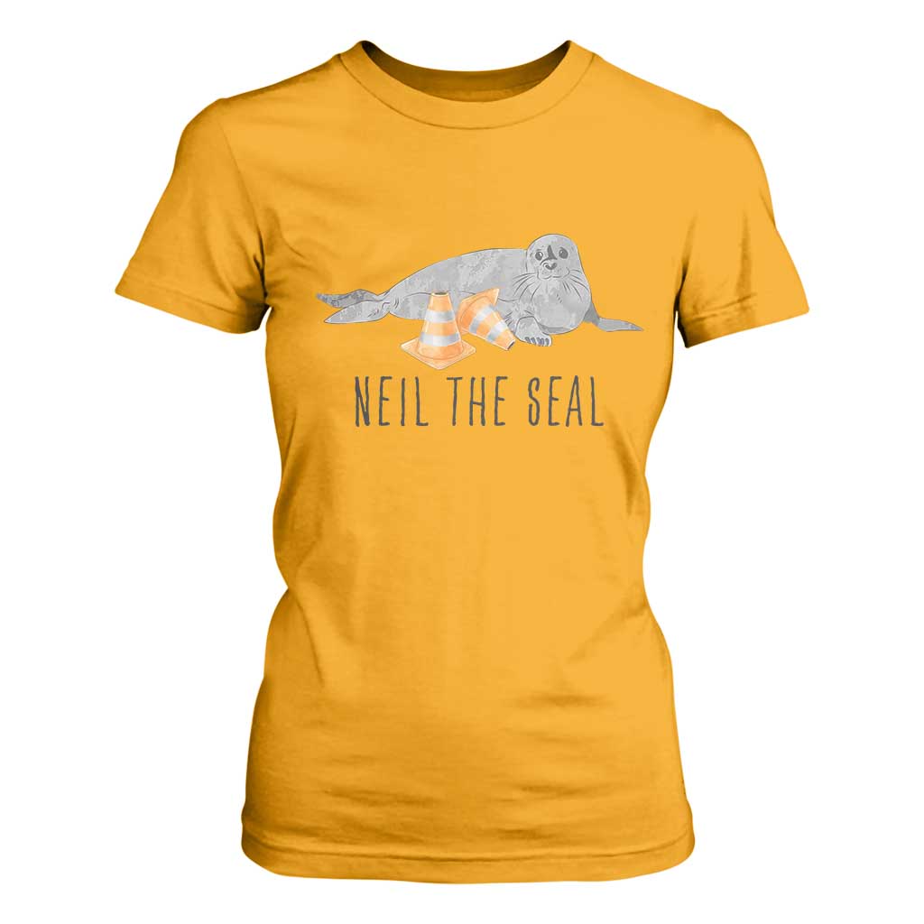 Cute Neil the Seal Traffic Cone Meme T Shirt For Women Funny Viral Chaotic Southern Elephant Seal TS02 Gold Print Your Wear