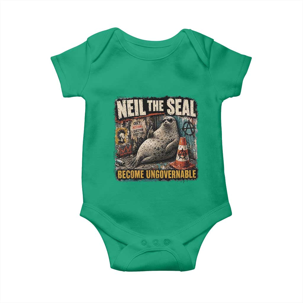 Edgy Neil the Seal Become Ungovernable Graffiti Graphic Baby Onesie Sarcastic Rebel Viral Chaotic Elephant Seal Sunglasses Meme TS02 Irish Green Print Your Wear