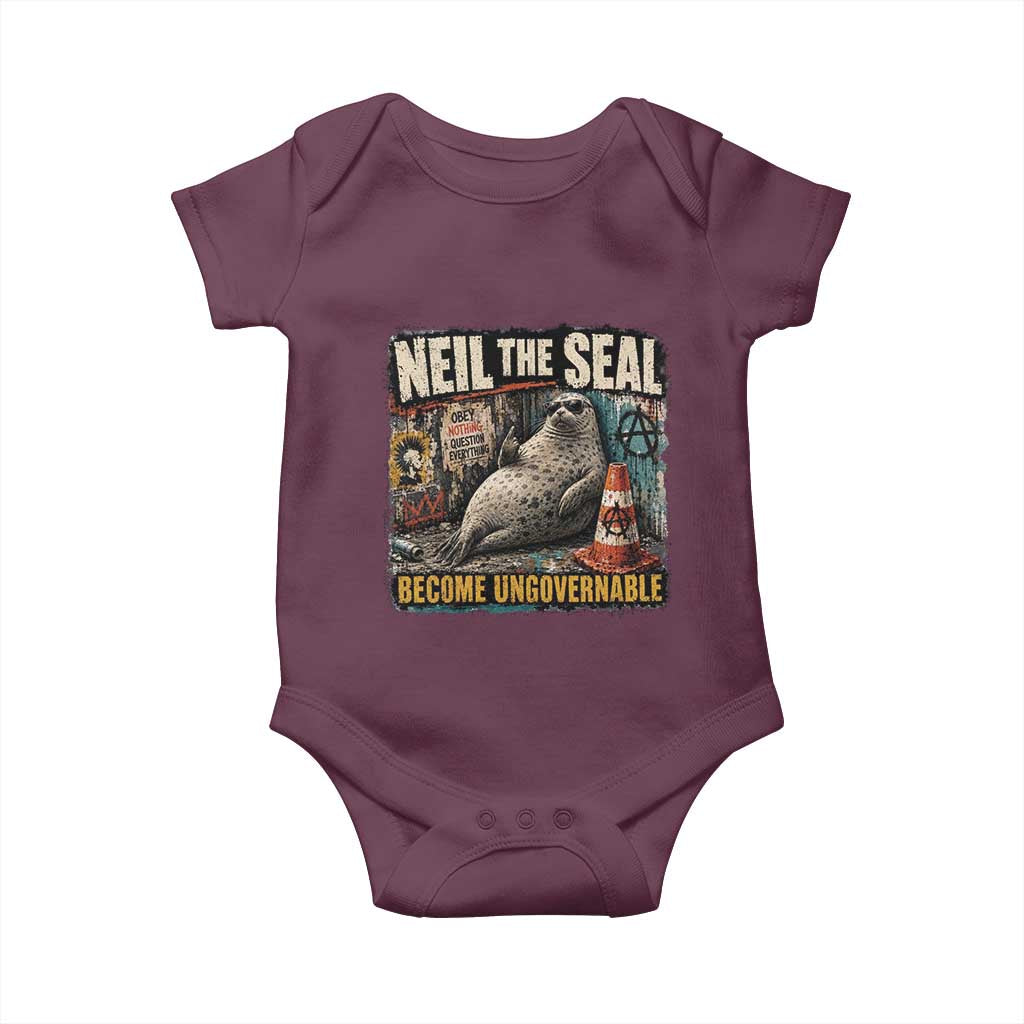 Edgy Neil the Seal Become Ungovernable Graffiti Graphic Baby Onesie Sarcastic Rebel Viral Chaotic Elephant Seal Sunglasses Meme TS02 Maroon Print Your Wear