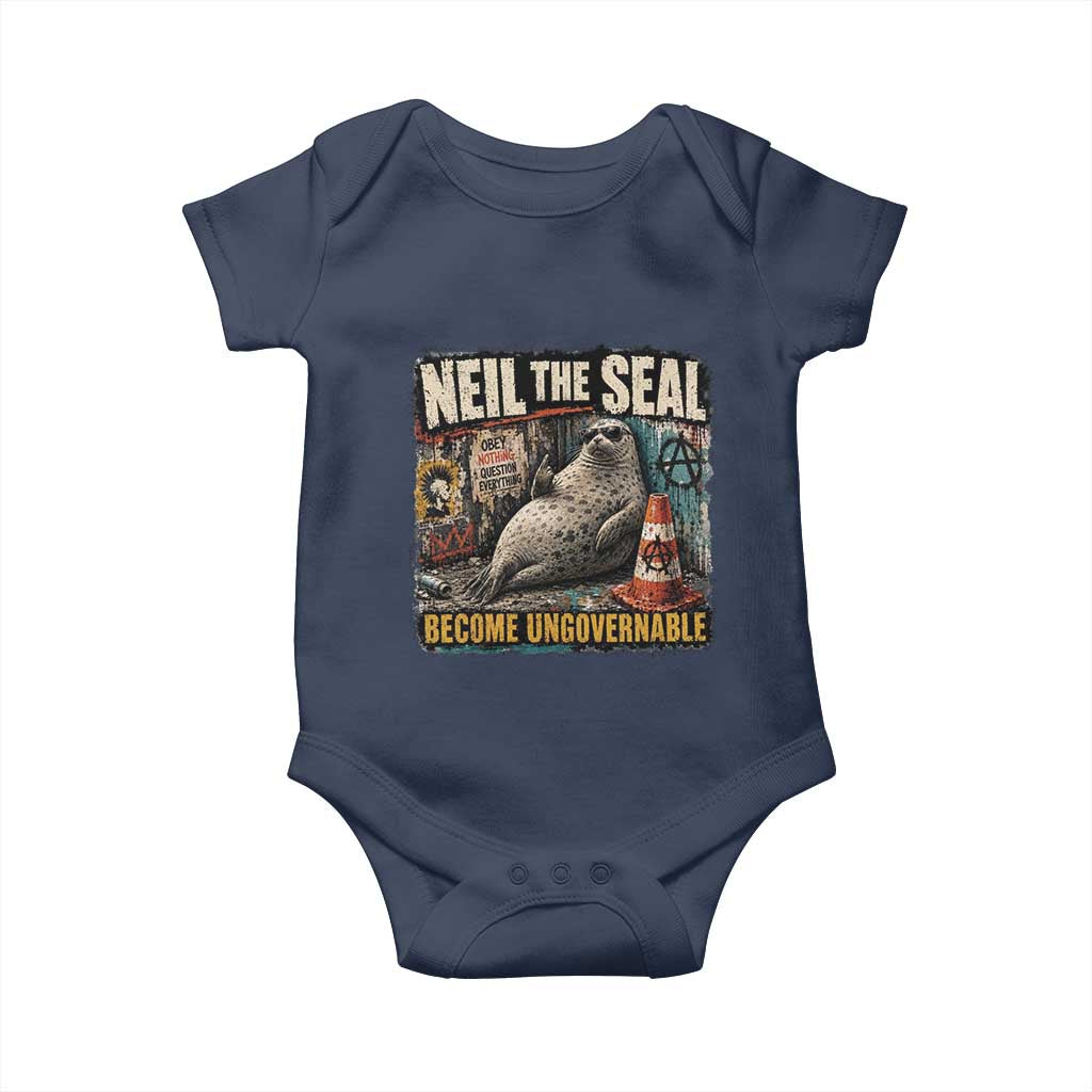 Edgy Neil the Seal Become Ungovernable Graffiti Graphic Baby Onesie Sarcastic Rebel Viral Chaotic Elephant Seal Sunglasses Meme TS02 Navy Print Your Wear
