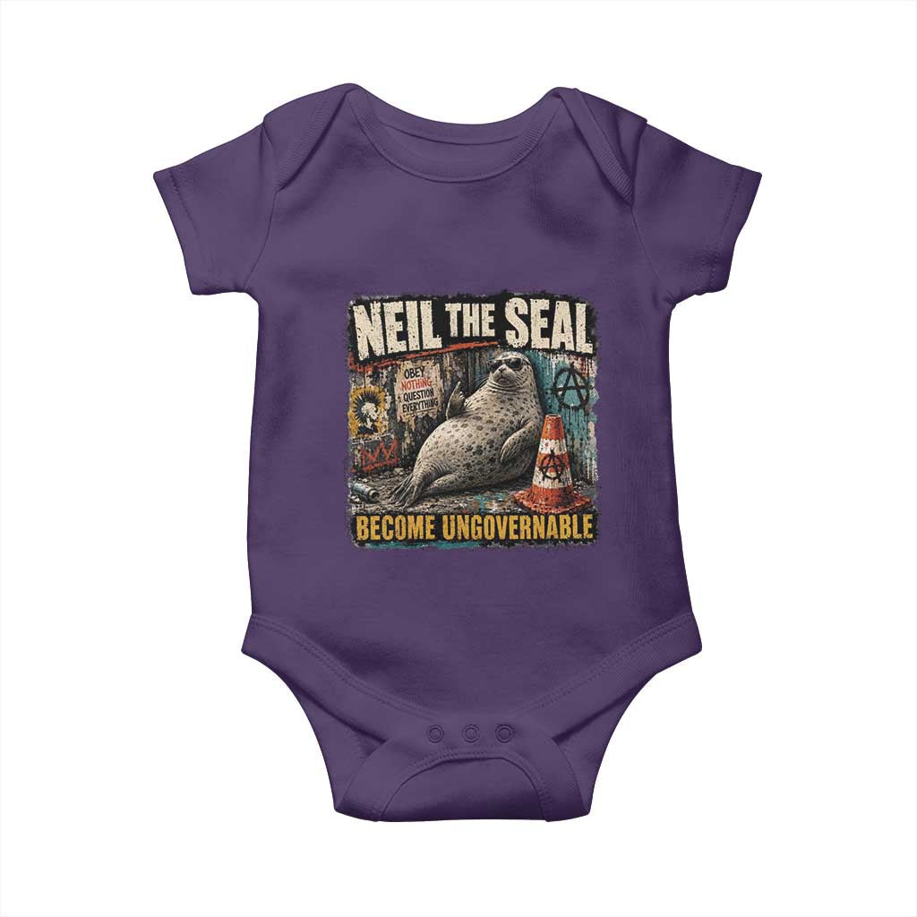 Edgy Neil the Seal Become Ungovernable Graffiti Graphic Baby Onesie Sarcastic Rebel Viral Chaotic Elephant Seal Sunglasses Meme TS02 Purple Print Your Wear