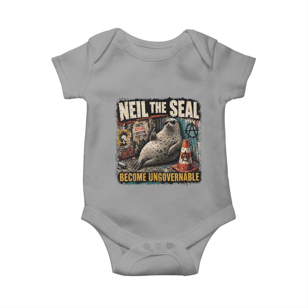 Edgy Neil the Seal Become Ungovernable Graffiti Graphic Baby Onesie Sarcastic Rebel Viral Chaotic Elephant Seal Sunglasses Meme TS02 Sport Gray Print Your Wear