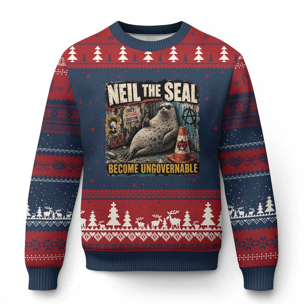 Edgy Neil the Seal Become Ungovernable Graffiti Graphic Ugly Christmas Sweater Sarcastic Rebel Viral Chaotic Elephant Seal Sunglasses Meme TS02 Navy Red Print Your Wear