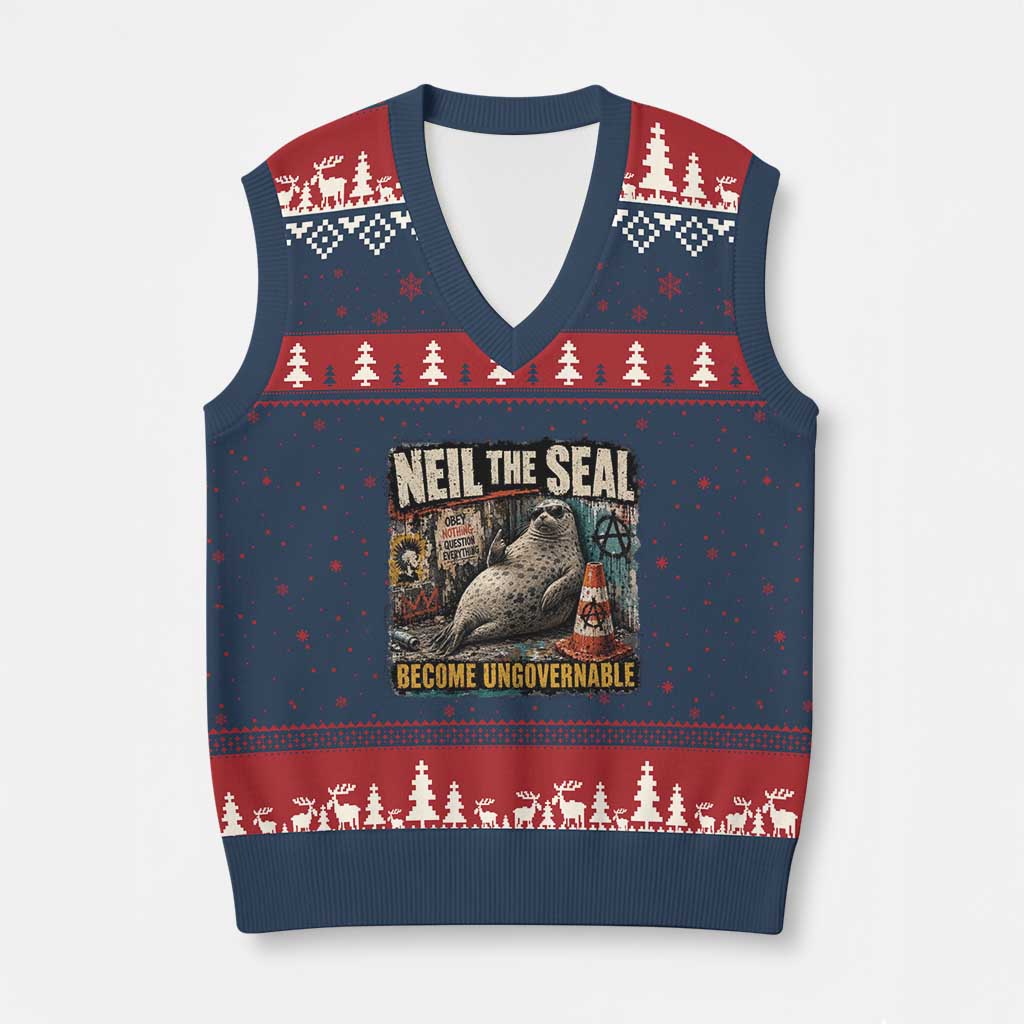 Edgy Neil the Seal Become Ungovernable Graffiti Graphic V-Neck Knit Sweater Vest Sarcastic Rebel Viral Chaotic Elephant Seal Sunglasses Meme TS02 Navy Red Print Your Wear